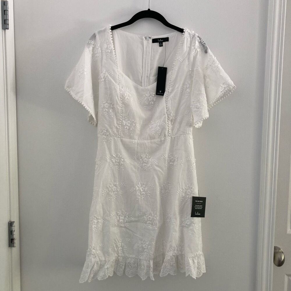 Lulus Morning in Mallorca White Eyelet Mini Dress, Size Medium
